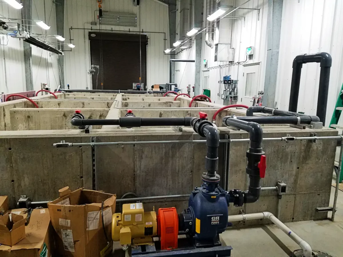 Interior of the wastewater treatment facility at C Lazy U Ranch, featuring advanced filtration and purification equipment.